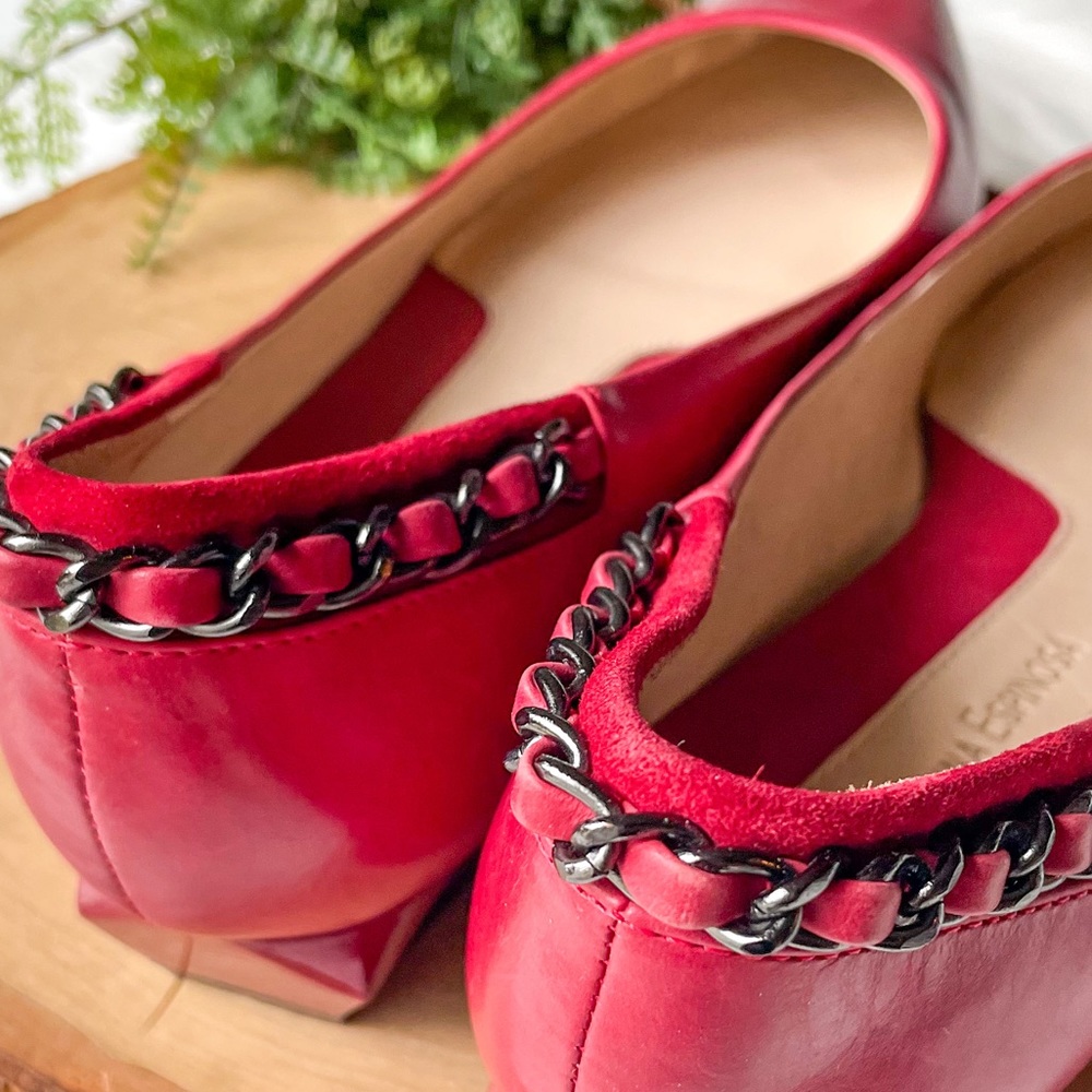 Carolinna Espinosa Cadence Red Leather Pointed Toe Chain Flats Heel Shoes 7.5 - Picture 5 of 8
